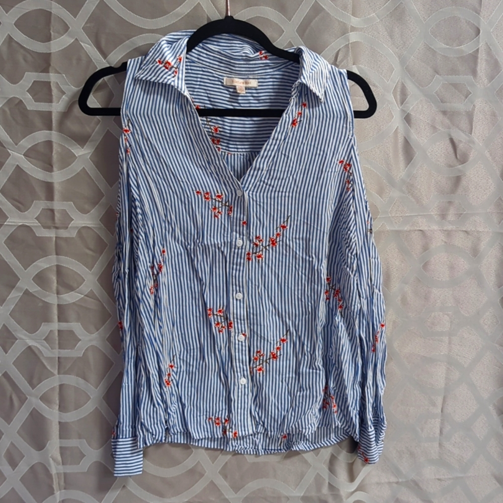 Blue and white striped button up shoulder peekaboo shirt